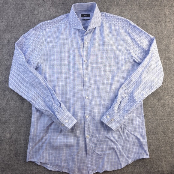 Hugo Boss Dress Shirt 16.5 42 Slim Fit Blue Check Cutaway Collar Cotton - Picture 1 of 10